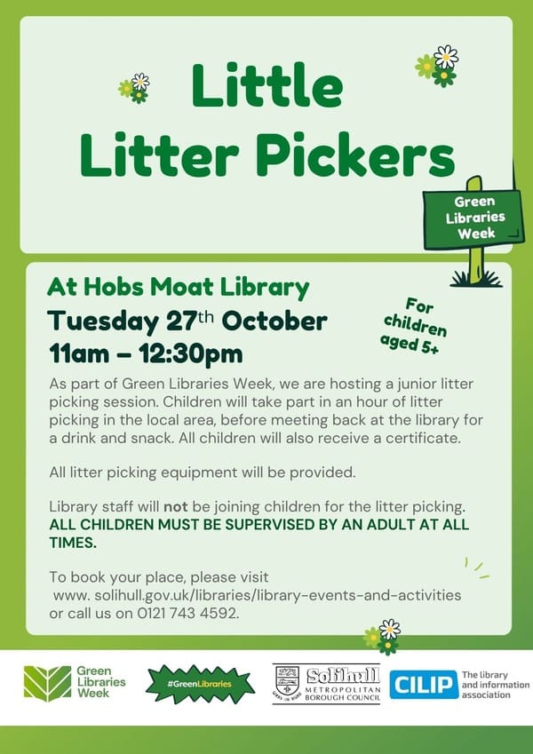 Little Litter Pickers flyer with the 27 October date, age five-plus guidance and adult supervision requirement